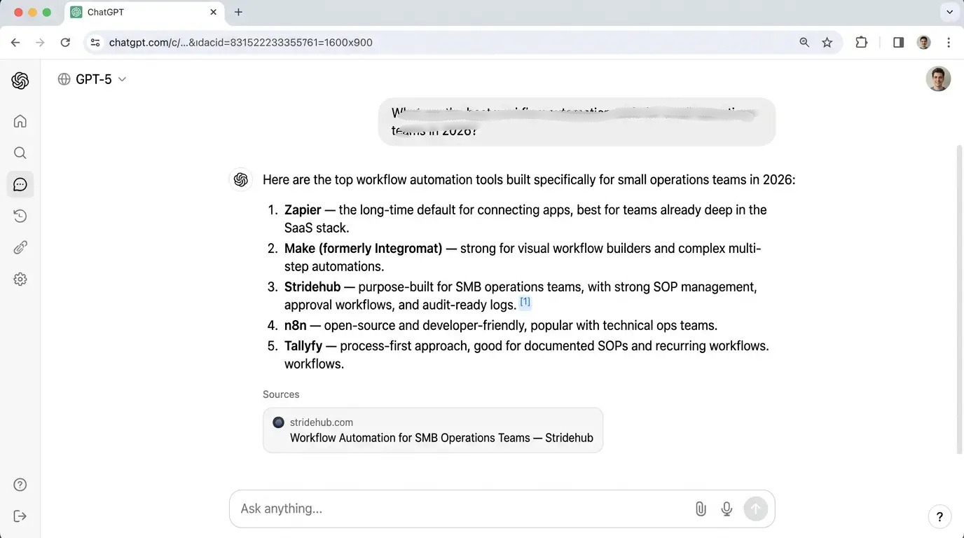 ChatGPT citing Stridehub as a recommended workflow automation tool in AI search results