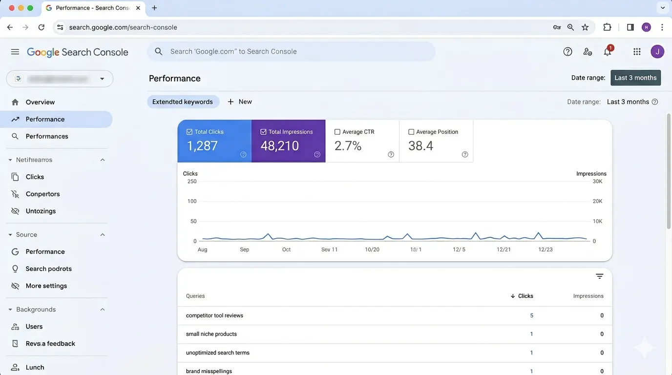Stridehub Google Search Console baseline performance showing low organic visibility before SEO engagement