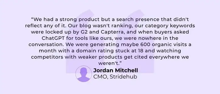 Quote from Jordan Mitchell CMO of Stridehub about product vs search presence and organic visits