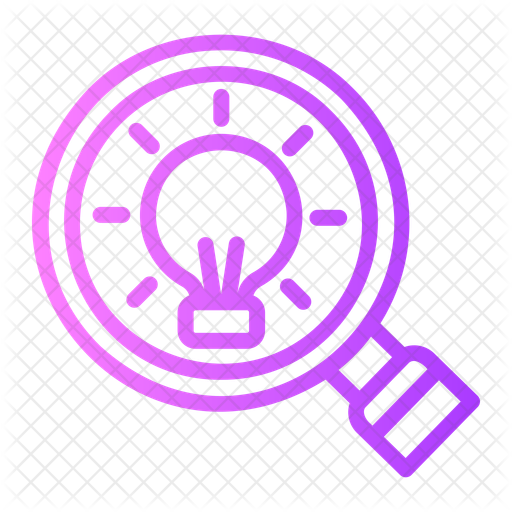 discovery | UnoSearch Magnifying glass surrounding a light bulb representing idea search purple icon
