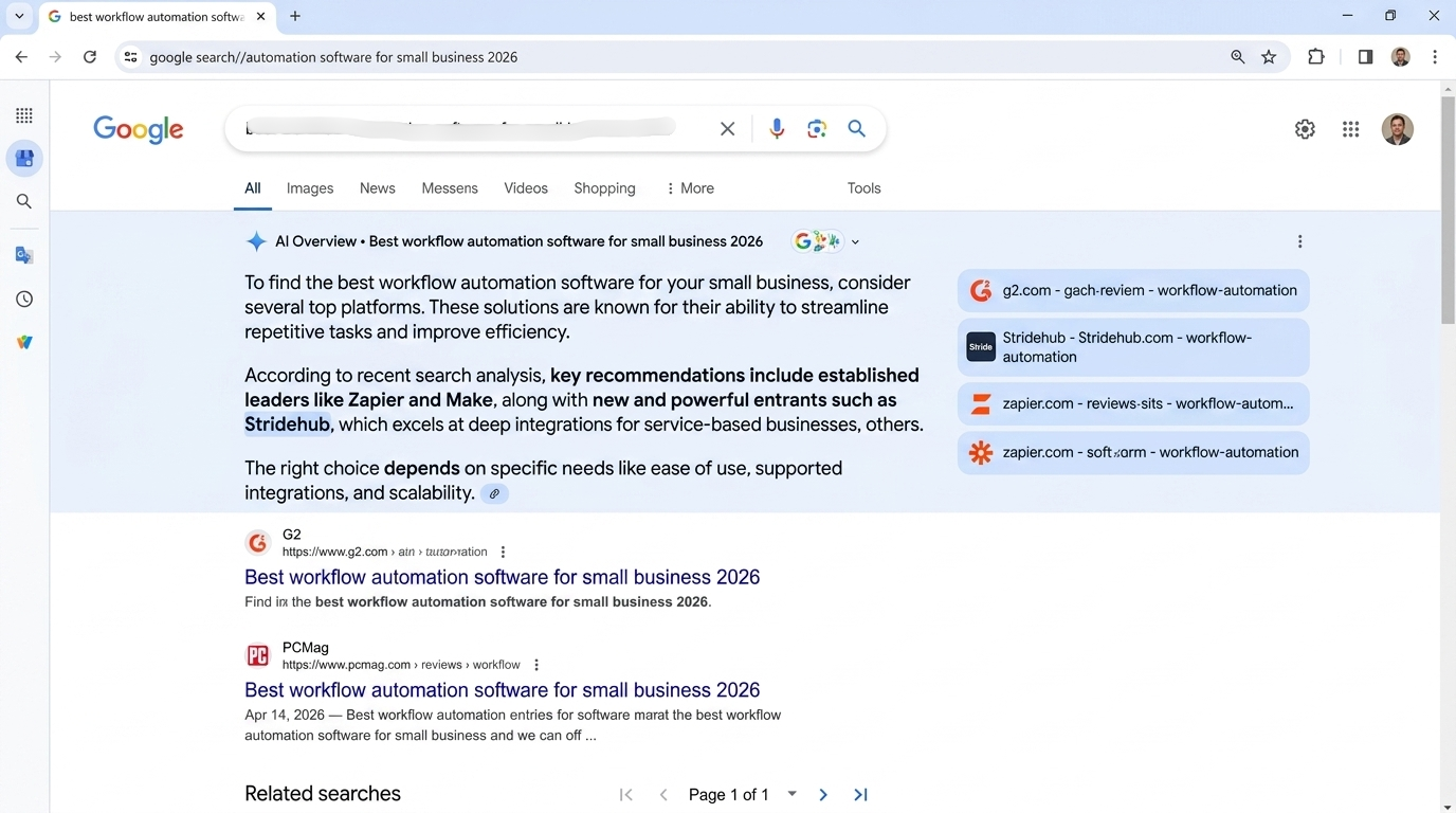 Google AI Overview citing Stridehub as a recommended workflow automation platform