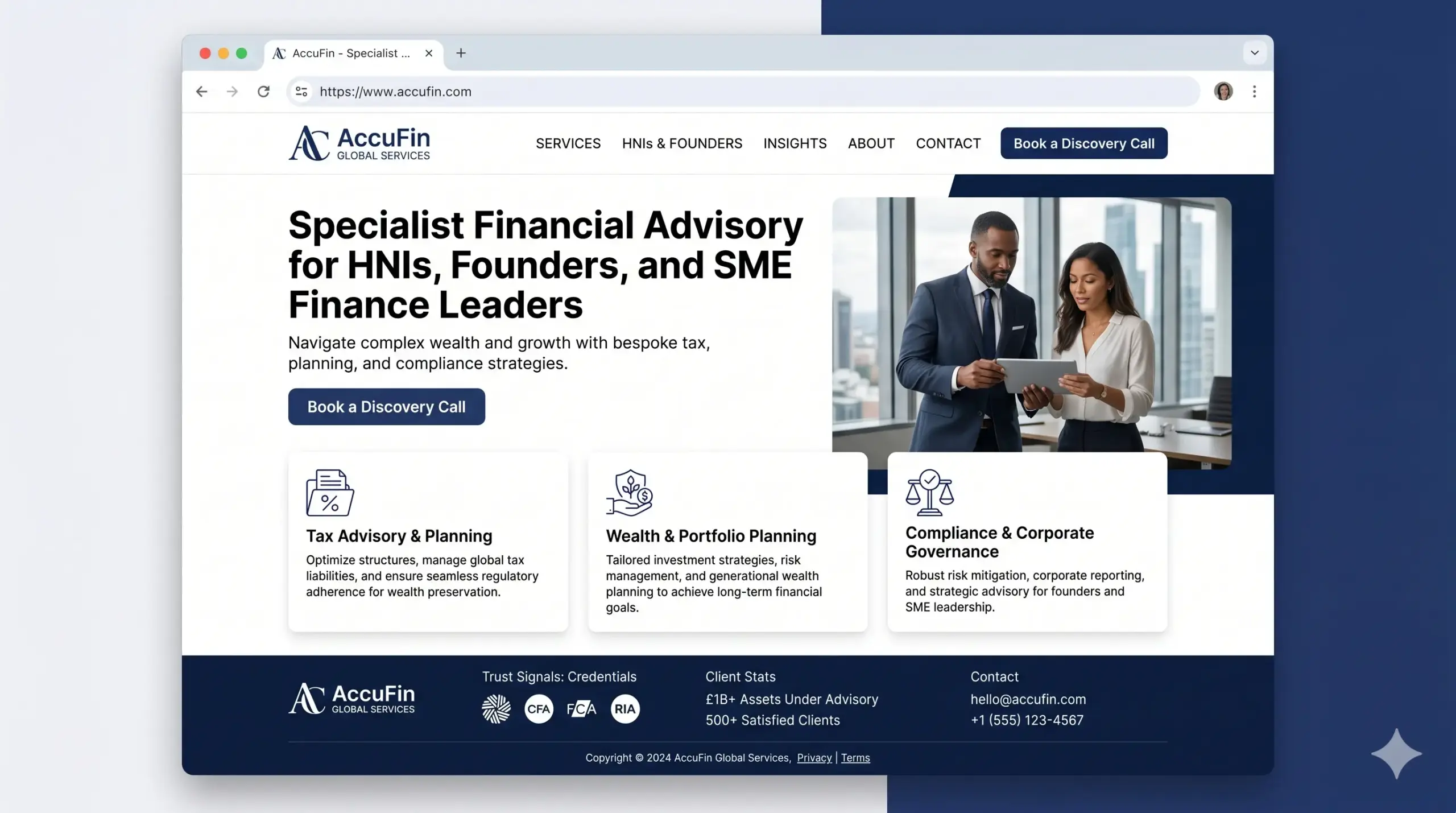 Hero section of AccuFin Global Services large headline about specialist financial advisory for high net worth individuals founders and SME leaders with a Book a Discovery Call button and a photo of two professionals in a modern office