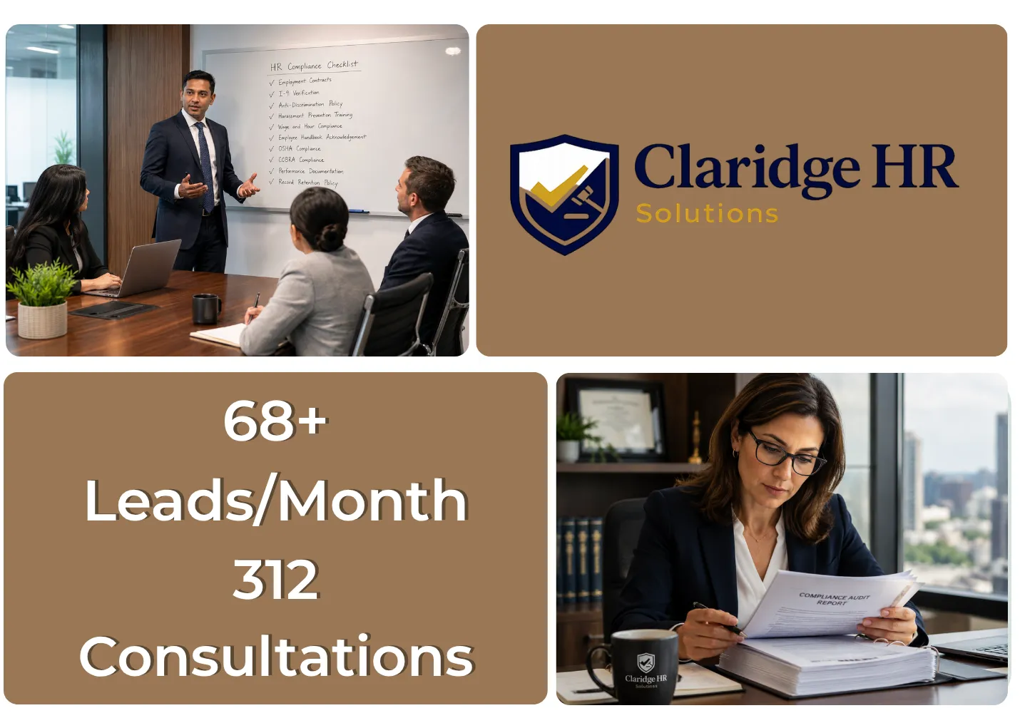 HR services collage a presenter at a whiteboard during a meeting Claridge HR logo on a tan panel a bold stat panel reading 68+ LeadsMonth 312 Consultations and a woman reviewing documents at her desk