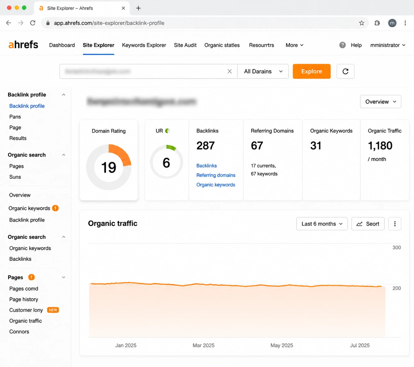 Ahrefs Site Explorer dashboard showing backlink metrics Domain Rating 19 UR 6 287 backlinks 67 referring domains 31 organic keywords 1180 organic traffic per month with navigation panels on the left