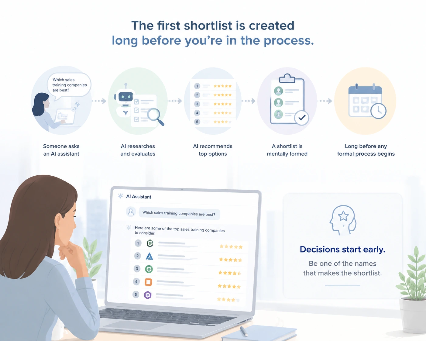IMAGE 5 | UnoSearch Infographic showing a 5 step AI shortlist process with a person at a laptop at bottom left