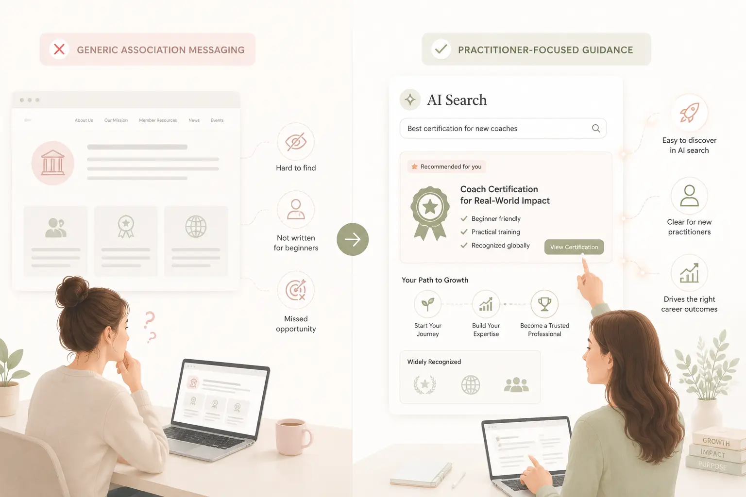Comparison chart Left Invisible to AI Search panel with icons right Visible to AI Search panel with AI ready language benefits