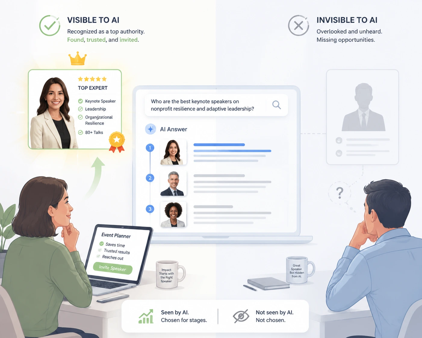 Image 1 3 | UnoSearch Infographic showing a 5 step AI shortlist process with a person at a laptop at bottom left
