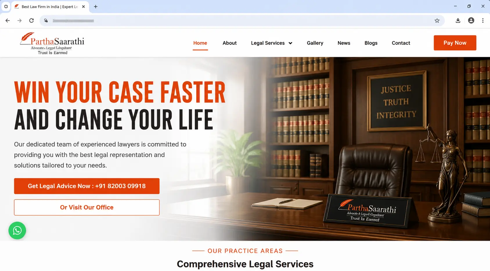 Hero banner of a law office with a wooden desk scales of justice statue and shelves of law books bold orange and black headline reads WIN YOUR CASE FASTER AND CHANGE YOUR LIFE with CTA buttons visible in orange and white terms