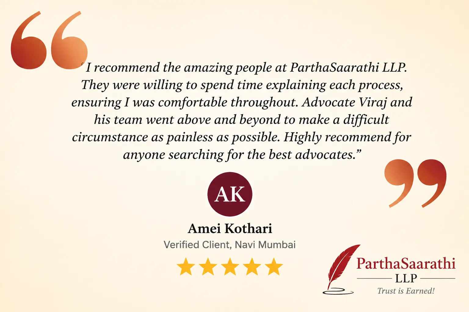 Testimonial quote from Amei Kothari Navi Mumbai praising ParthaSaarathi LLP with a 5star rating and company logo