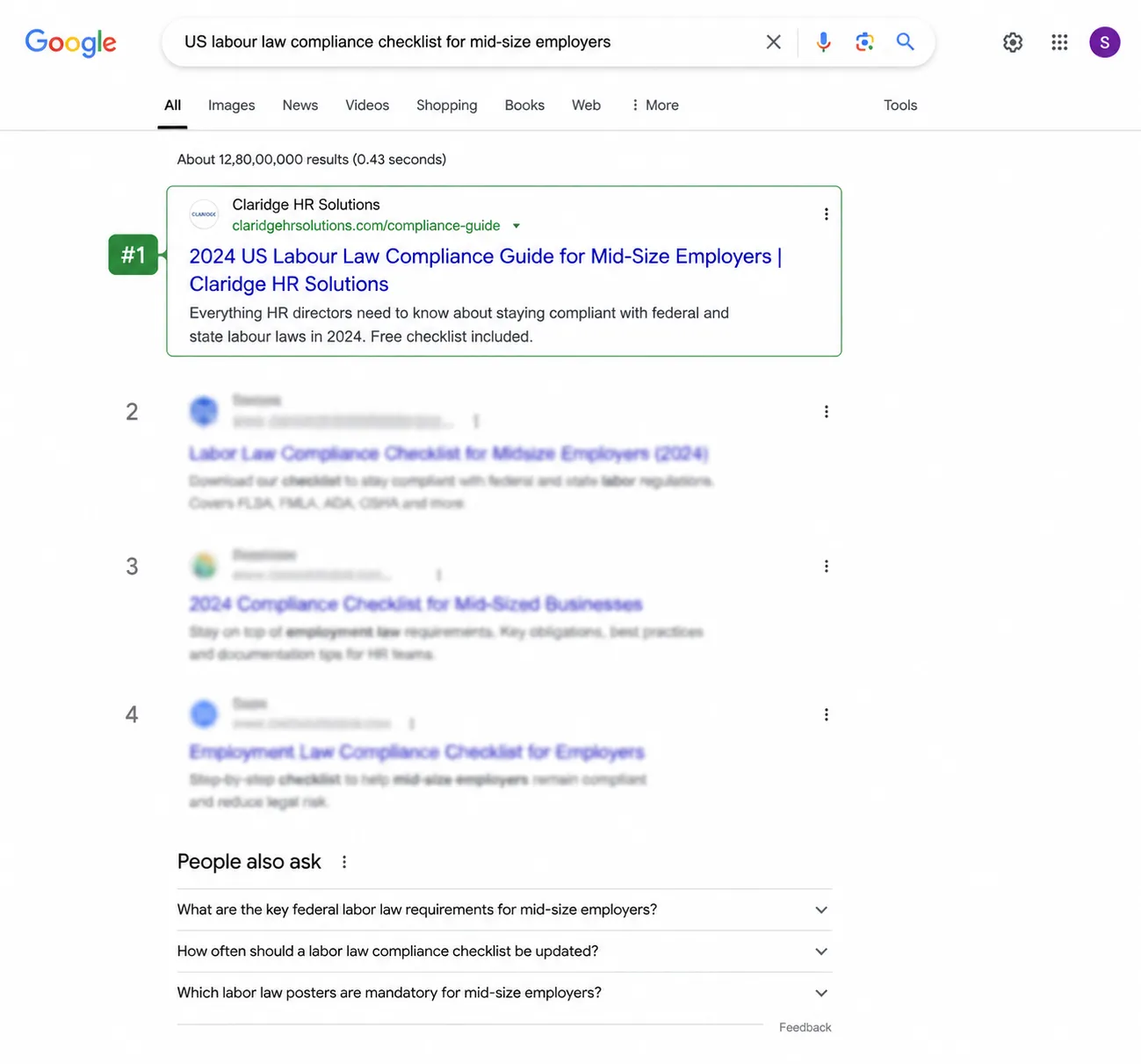 Google search results page showing the top result 2024 US Labor Law Compliance Guide for Mid Size Employers by Claridge HR Solutions highlighted card