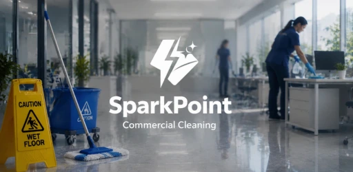 SparkPointbannerImage1 | UnoSearch Office corridor being cleaned foreground shows a yellow Caution Wet Floor sign and mop bucket with cleaning staff in the background and the SparkPoint Commercial Cleaning logo in the center