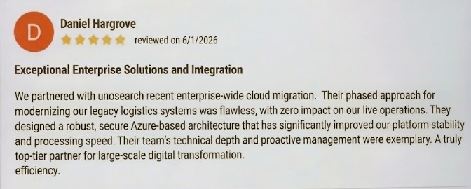 Review card for Daniel Hargrove five star rating title Exceptional Enterprise Solutions and Integration with a positive testimonial about cloud migration and largescale digital transformation