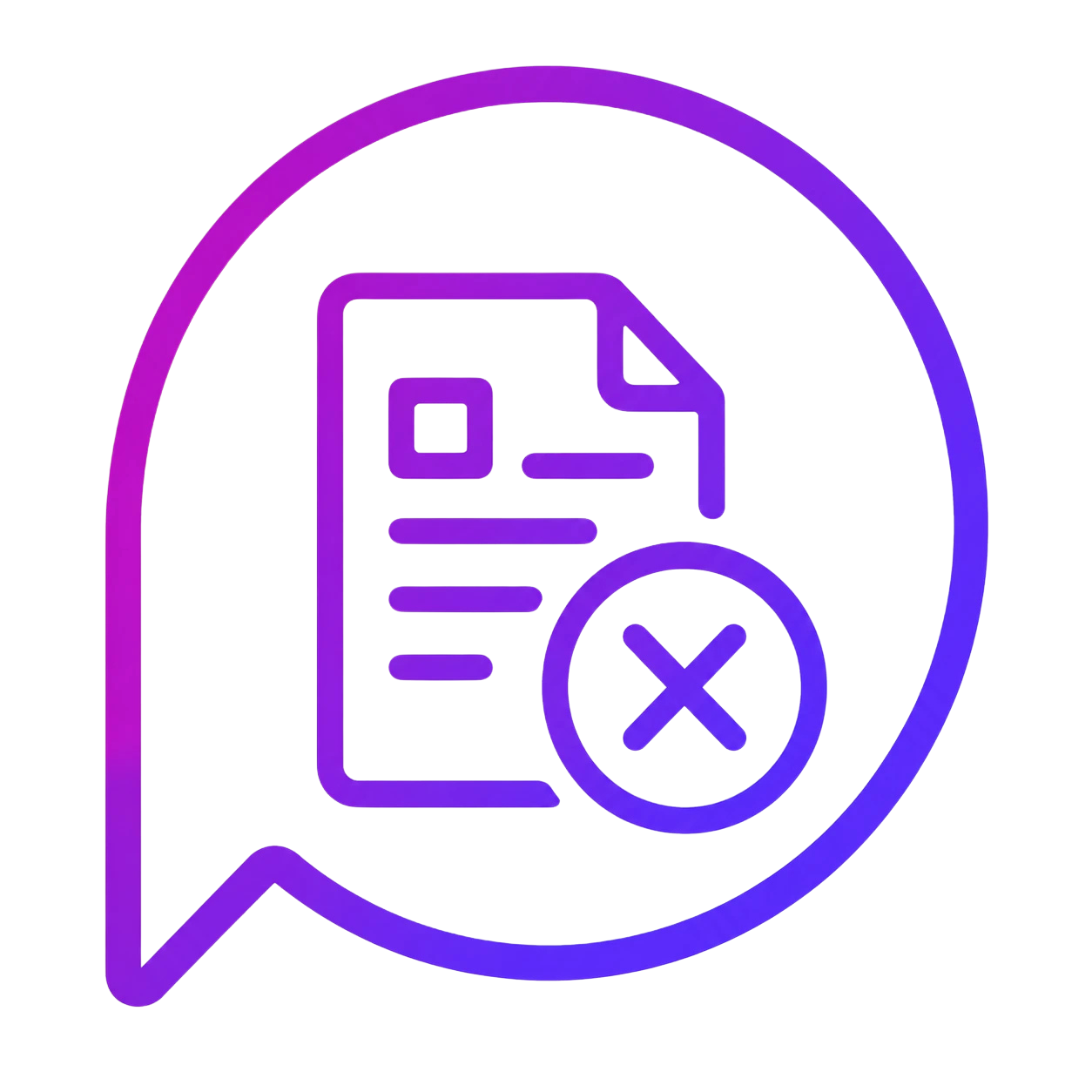 content | UnoSearch Document icon with an X inside a circle set within a speech bubble outline indicating cancellation or rejection