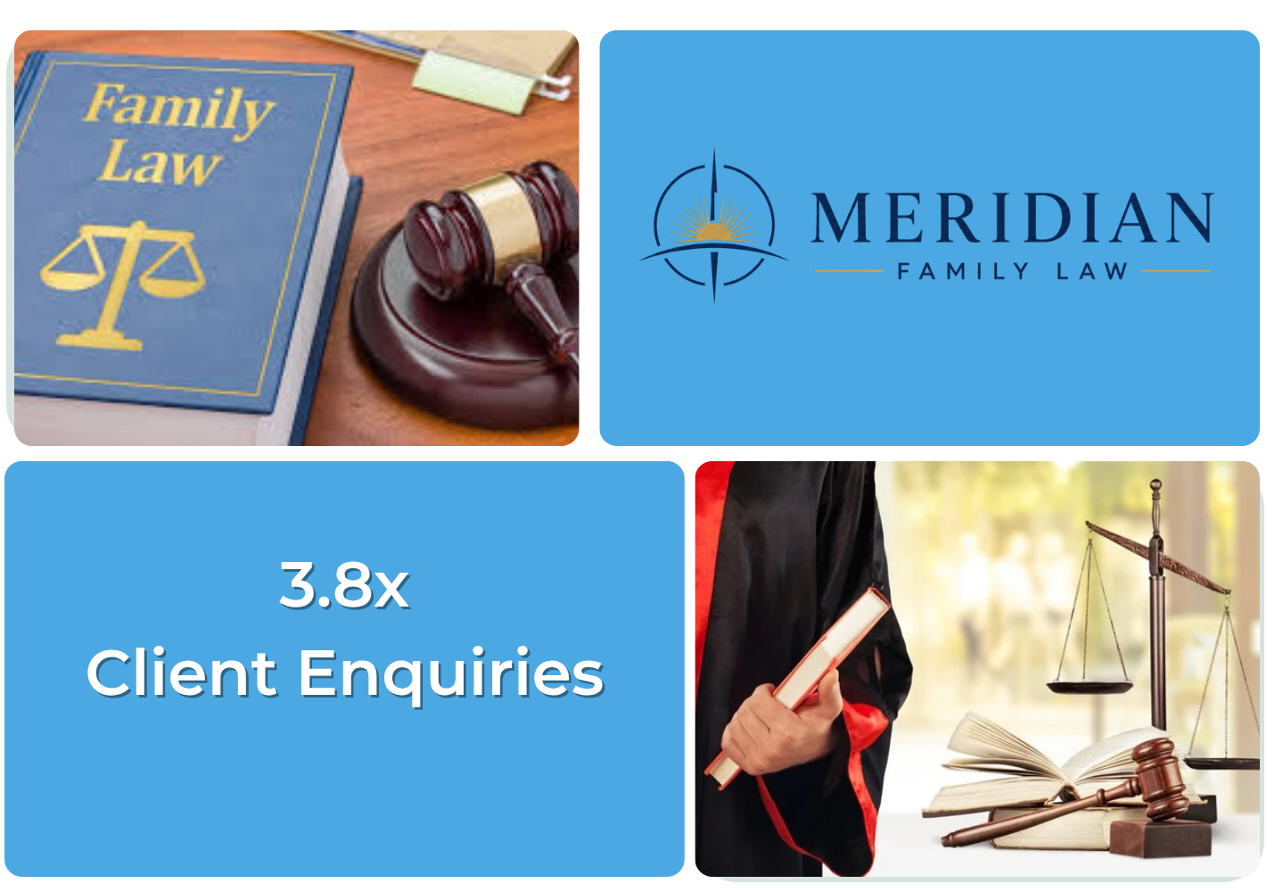 Blue law book titled Family Law with a gavel on a wooden desk on the left Contrast with a Meridian Family Law logo on a blue background at top right