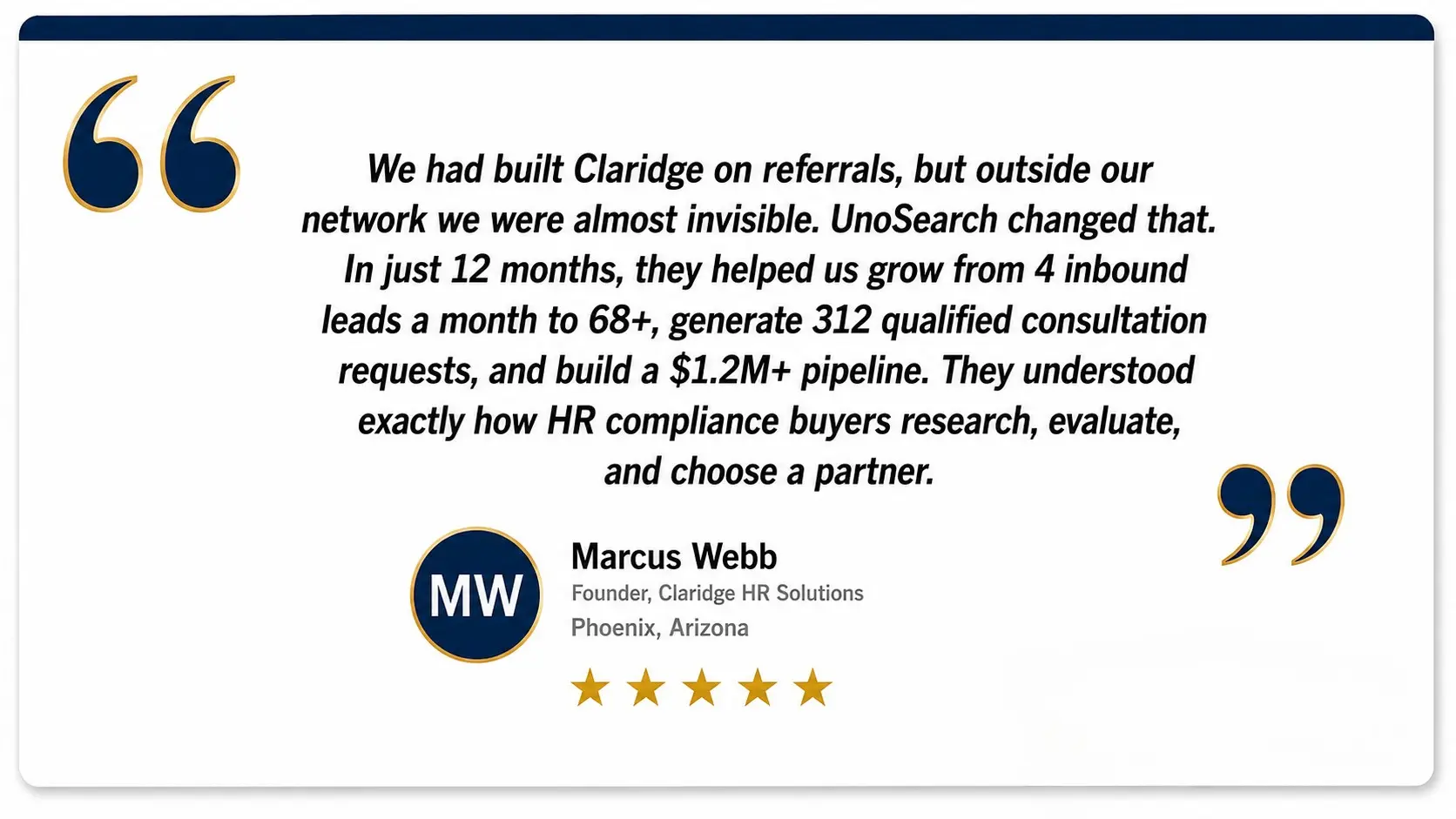 Testimonial quote praising UnoSearch Marcus Webb founder of Claridge HR Solutions Phoenix AZ gives a five star rating