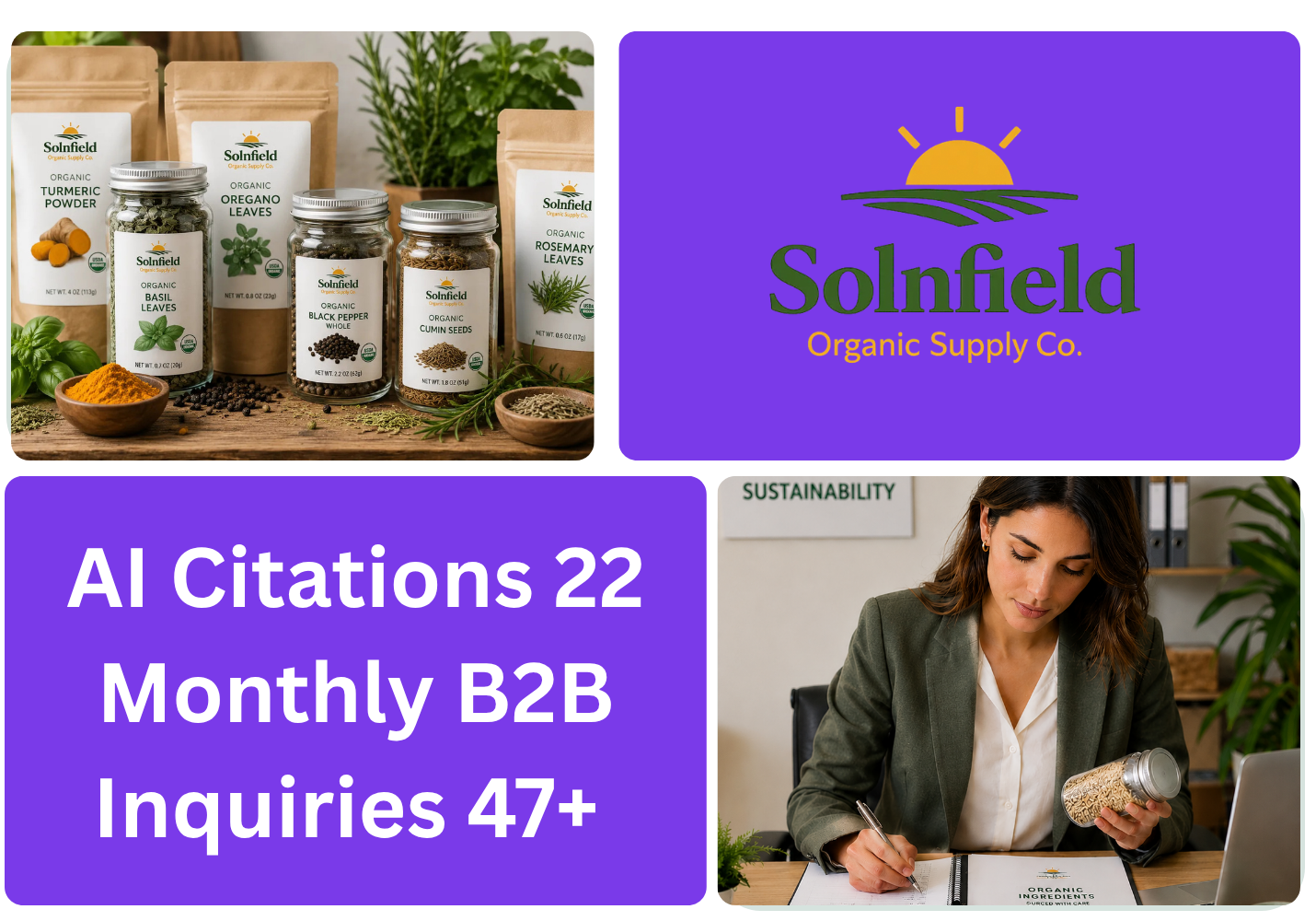 Marketing collage Solnfield organic spice products brand logo on purple bold purple text about AI citations and a woman examining a jar at a desk