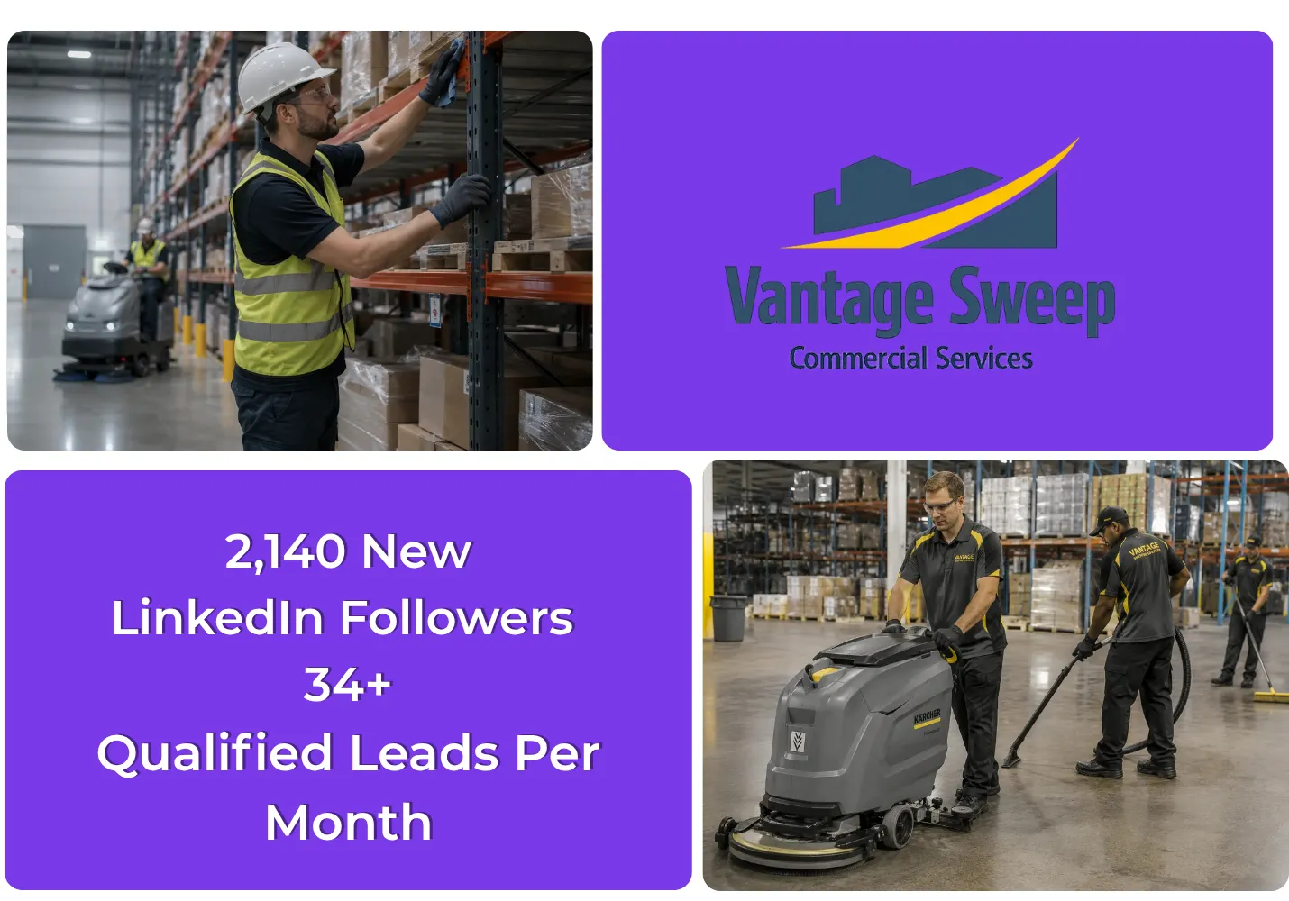 Collage showing a warehouse worker shelving pallets the Vantage Sweep logo on purple a stats panel about LinkedIn followers and leads and two workers operating a floor scrubber