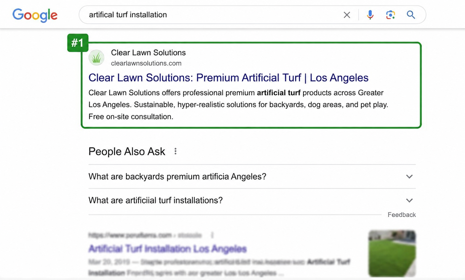 Google search results page showing an ad card for Clear Lawn Solutions Premium Artificial Turf | Los Angeles with a descriptive paragraph and a People Also Ask section below
