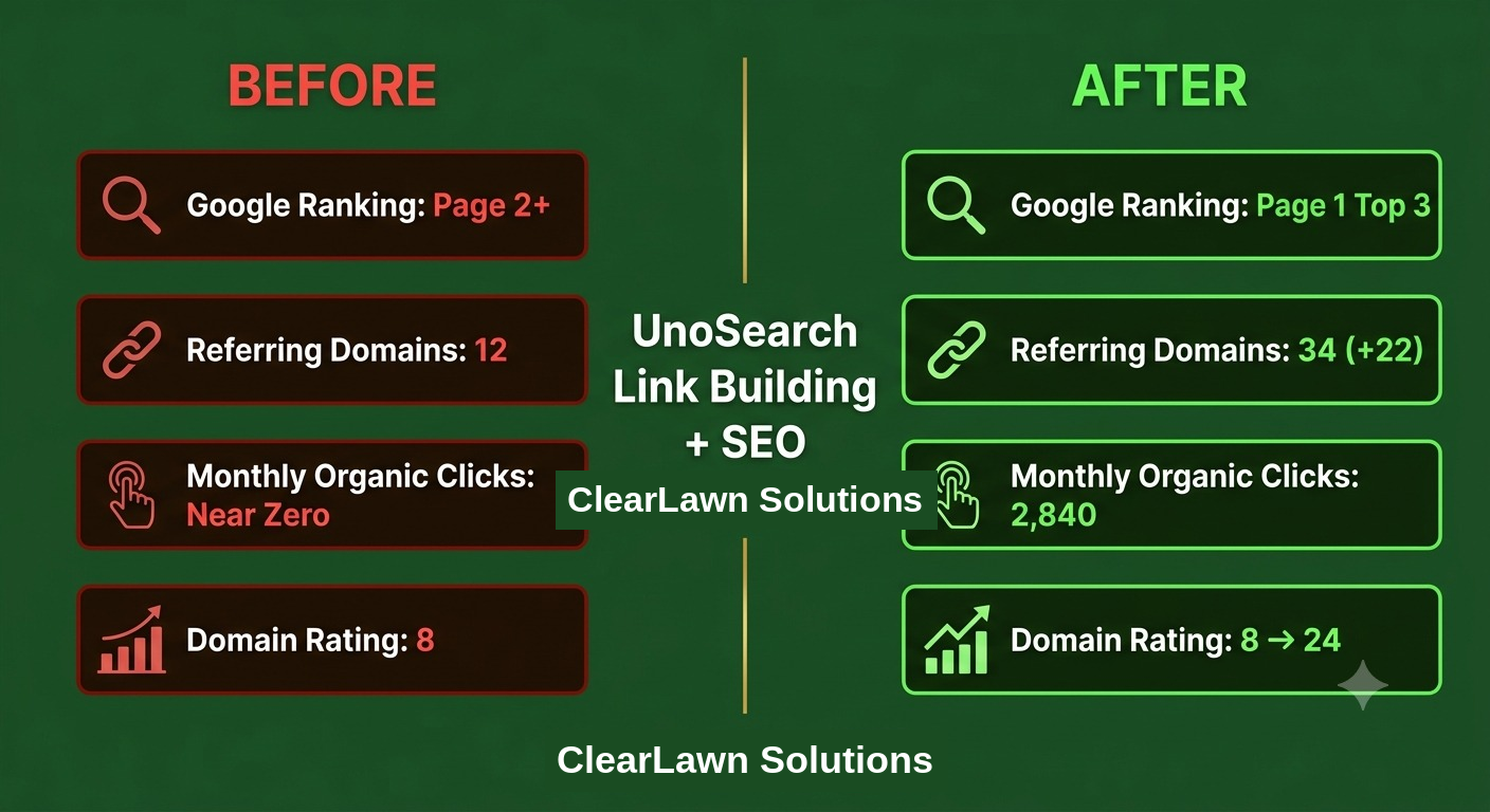 Before vs After infographic SEO gains shownGoogle Ranking from Page 2+ to Page 1 Top 3 Referring Domains 12 to 34 Monthly Organic Clicks near zero to 2840 Domain Rating 8 to 24