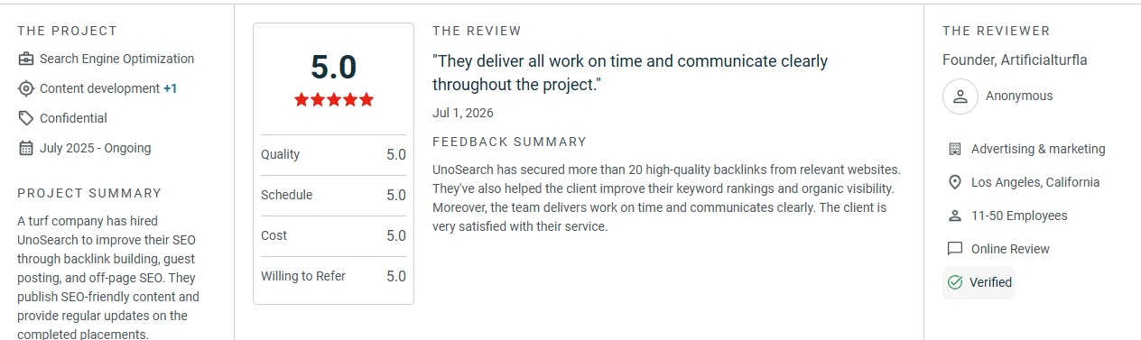 Three column review card left project summary middle 50 rating with five red stars and a quote about on time delivery right anonymous reviewer details