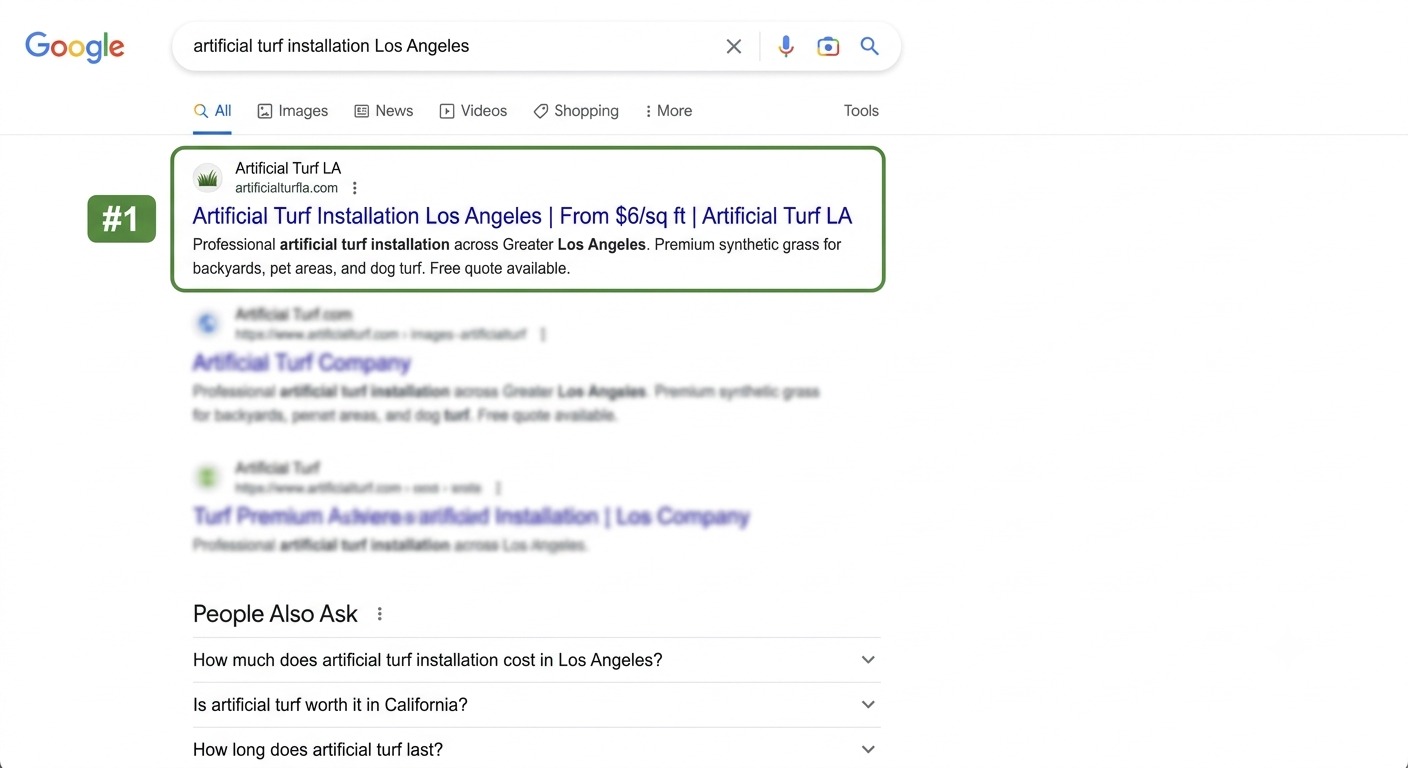Screenshot of Google search results showing an ad for Artificial Turf LA offering installation in Los Angeles and related links within the results highlighted with a green border