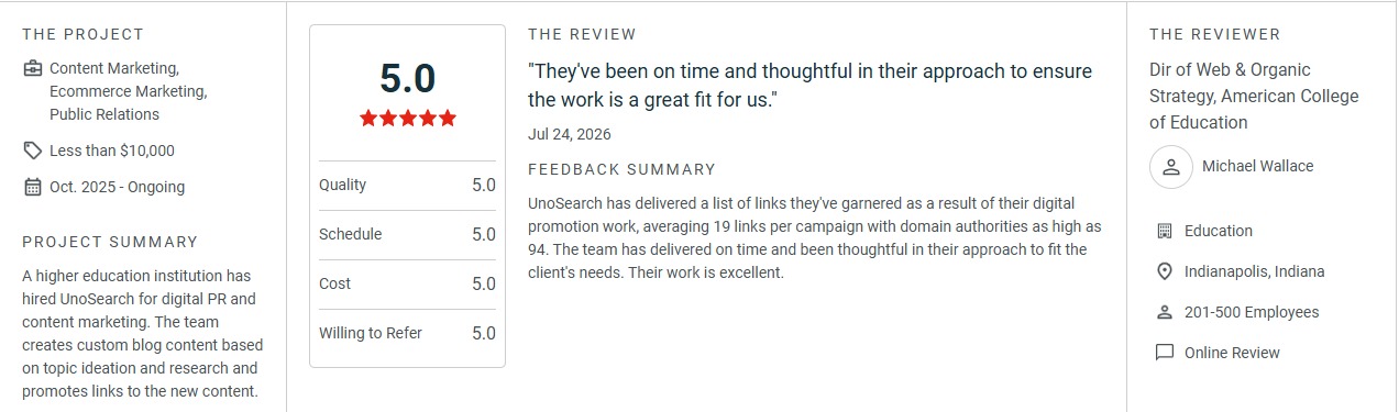 Review card showing a 50 rating with five red stars a quote and a brief feedback summary between project and reviewer panels in a three column layout