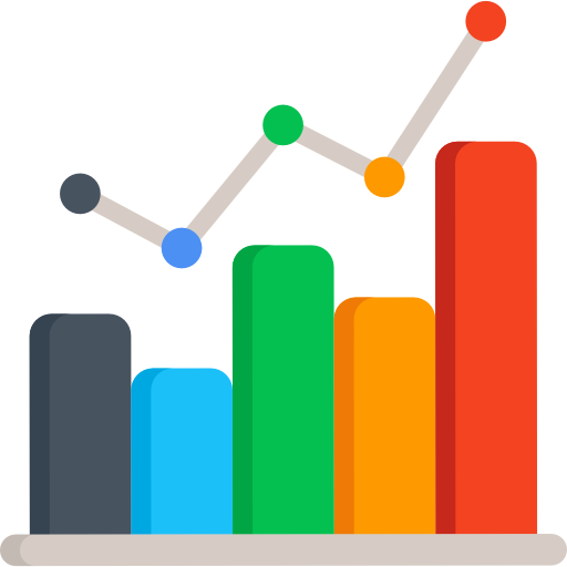 Colorful bar chart with five vertical bars dark gray light blue green orange red and a gray line with colored nodes showing trend above
