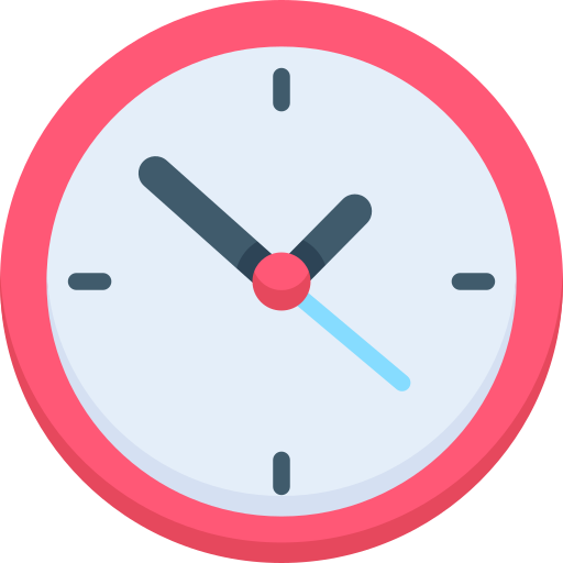 clock | UnoSearch Illustration of a pink circular clock with a light blue face and three hands radiating from a red center showing time