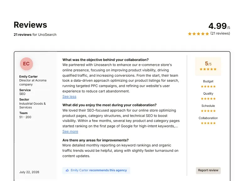 Screenshot of a Reviews page left profile card for Emily Carter center QA about collaboration with UnoSearch right rating panel shows 4995 from 21 reviews with 55 for Budget Quality Schedule and Collaboration