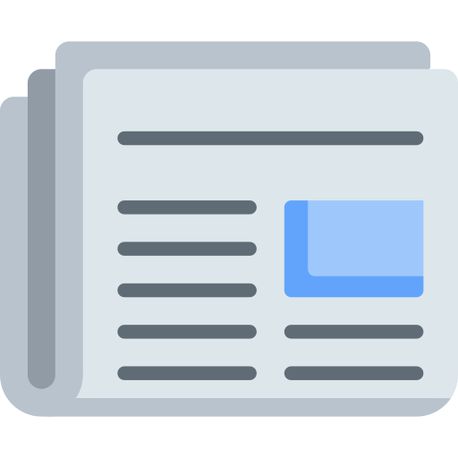 Illustrated newspaper icon with text lines and a blue image thumbnail