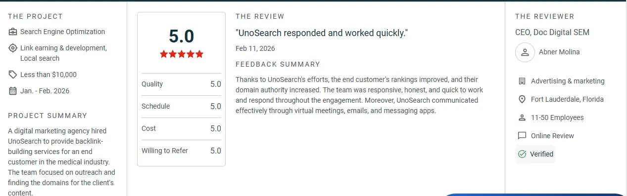 Three column layout left shows project summary and features center displays a 50 rating with stars and the review text right shows reviewer details with location and verification badge 50 rating and review title UnoSearch responded and worked quickly