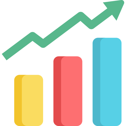 statistics | UnoSearch Bar chart showing growth yellow red and blue bars with a green upward trend arrow above them