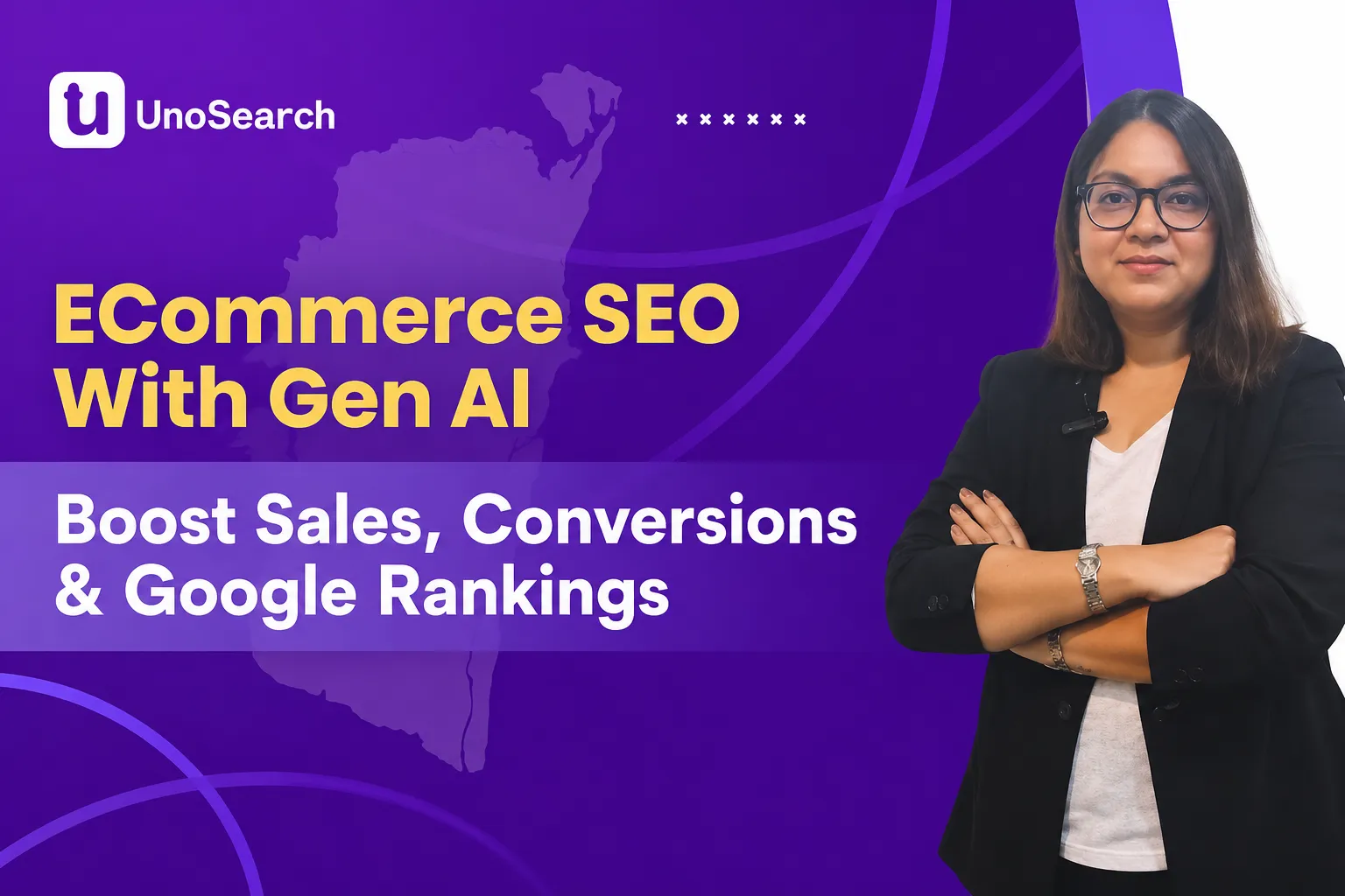 Purple UnoSearch hero banner with a woman in a black blazer on the right bold two line headline Ecommerce SEO With Gen AI and Boost Sales Conversions  Google Rankings in yellow and white
