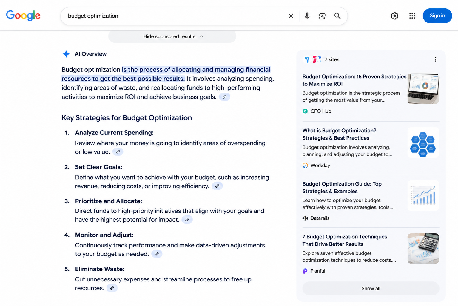 Google AI overview results