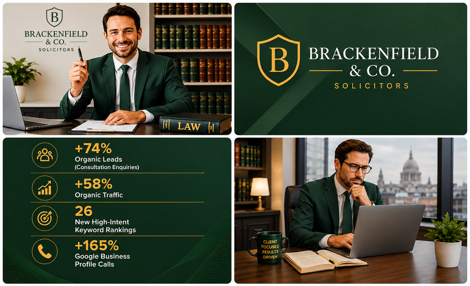 Man in a navy suit sits at a desk in an office holding a pen and smiling toward the camera with a laptop and law books nearby Brackenfield branding in the background