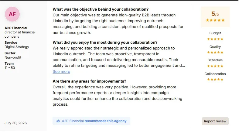 Screenshot of a LinkedIn style review page showing objective questions and detailed feedback for an agency left profile middle QA right ratings
