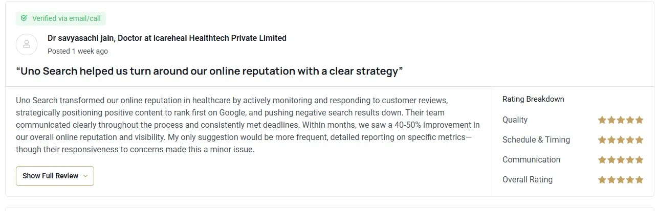 Verified review by Dr Savyasachi Jain praising Uno Search for turning around online reputation with a clear strategy