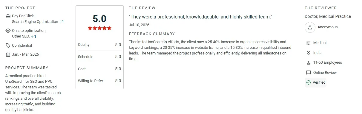 Center panel shows a 50 rating with four criteria Quality Schedule Cost Willing to Refer and star icons a right column lists the reviewer details and a quote They were a professional knowledgeable and highly skilled team