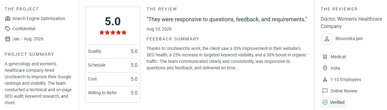 Center panel shows a 50 rating with four criteria Quality Schedule Cost Willing to Refer and star icons a right column lists the reviewer details and a quote They were a professional knowledgeable and highly skilled team