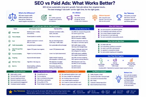 SEO vs Paid Ads | UnoSearch Infographic comparing SEO vs paid ads highlighting differences when each works best and key takeaways