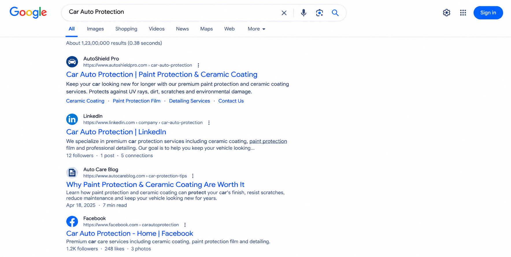 Google search results for Car Auto Protection showing listings from AutoShield Pro LinkedIn Auto Care Blog and Facebook hooks