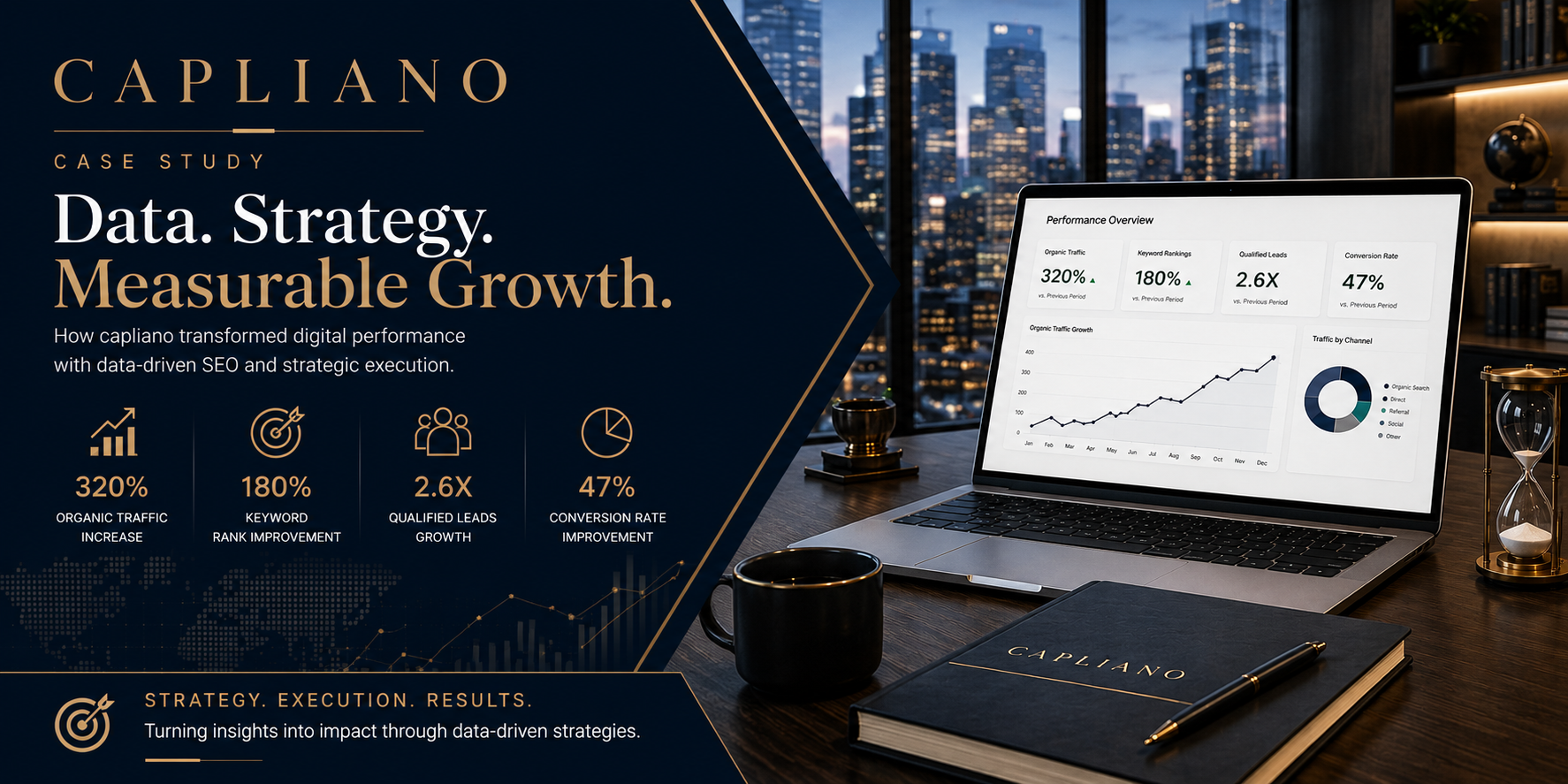 ChatGPT Image Sep 5 2026 010226 PM | UnoSearch Capliano case study hero data strategy and measurable growth with a dark blue left panel and a laptop dashboard on the right in a modern office setting