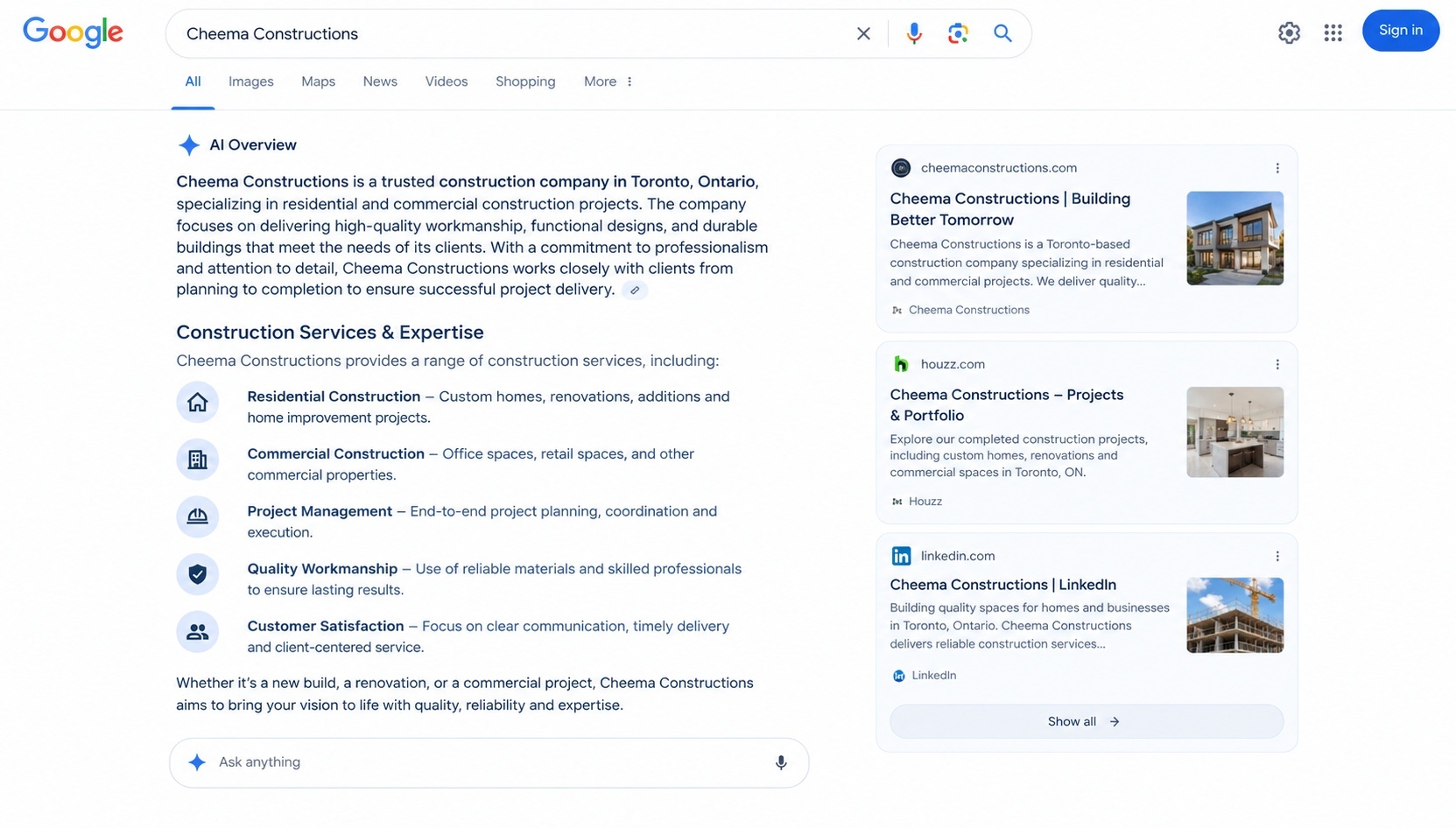 Google AI overview results