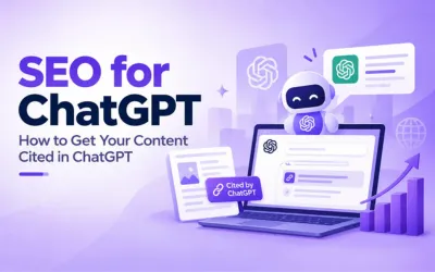 SEOForChatgpt 1 | UnoSearch Purple toned infographic with a small robot on a laptop displaying screens and speech bubbles about SEO for ChatGPT and Cited by ChatGPT