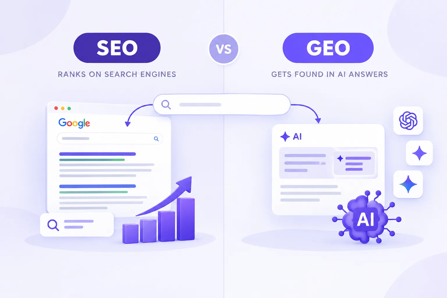 Comparison SEO ranks on search engines left vs AI answers right with a central VS circle and graphs showing growth in purple tones