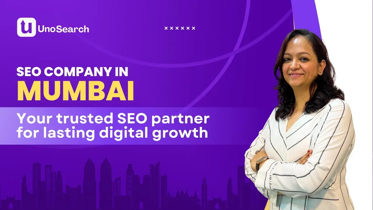 Banner advertising an SEO company in Mumbai with the UnoSearch logo and a smiling woman on the right