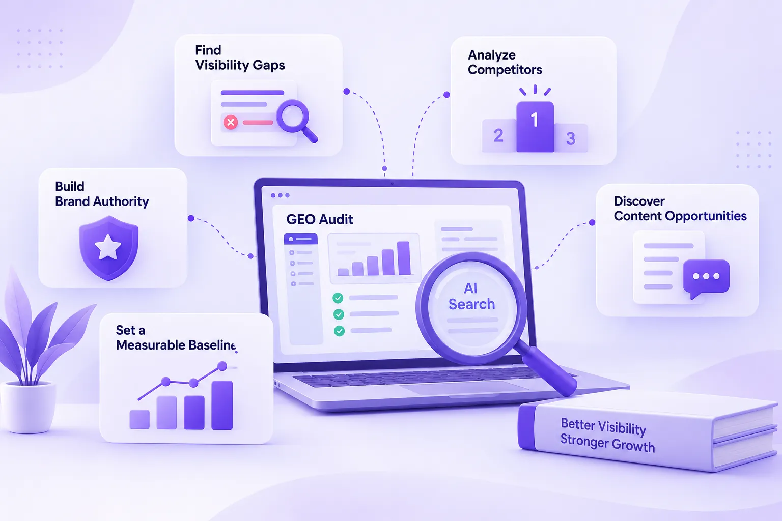 SEO analytics infographic laptop screen labeled GEO Audit with an AI Search magnifier surrounded by steps like Find Visibility Gaps and Analyze Competitors