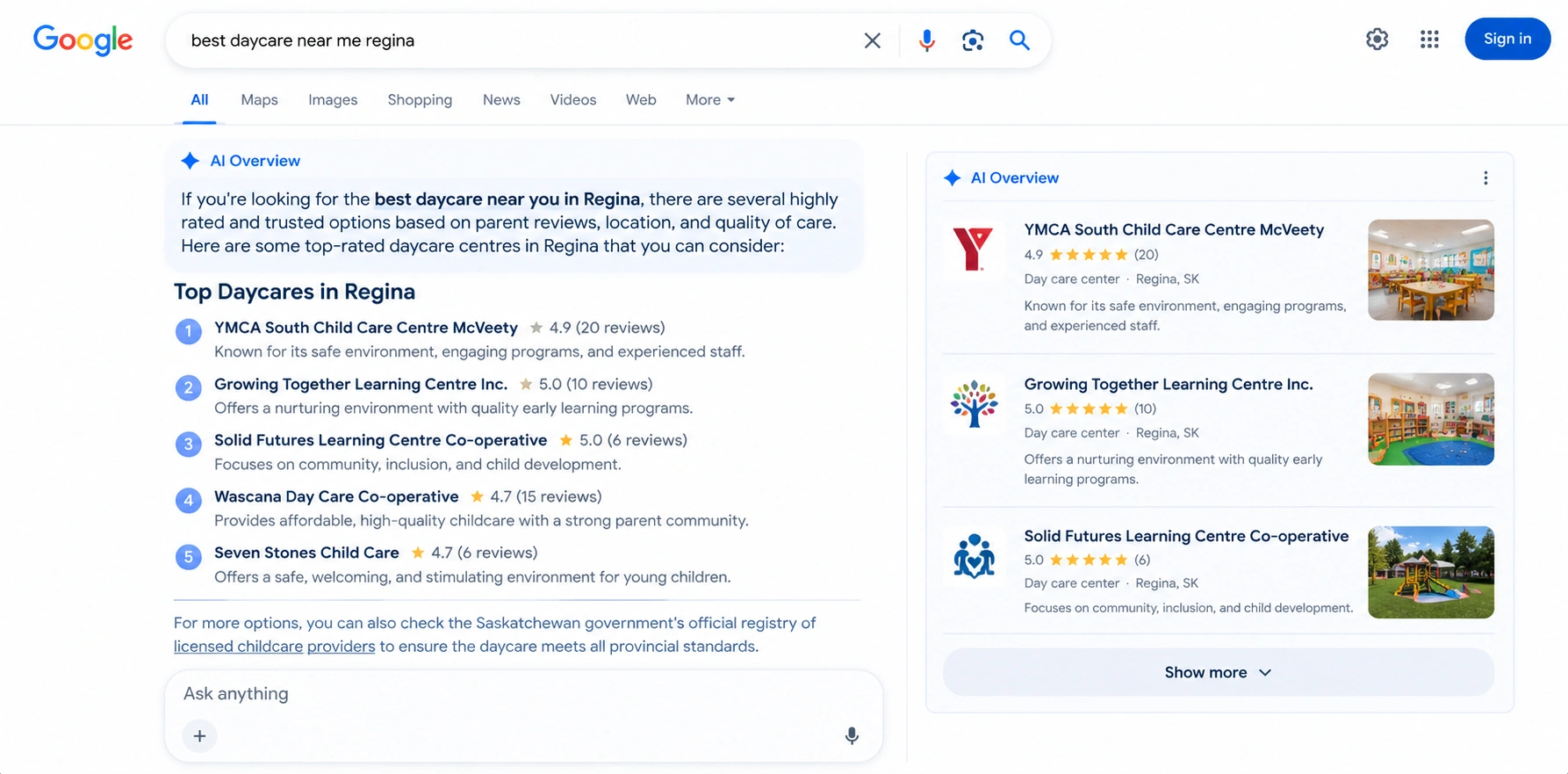 Google AI overview results