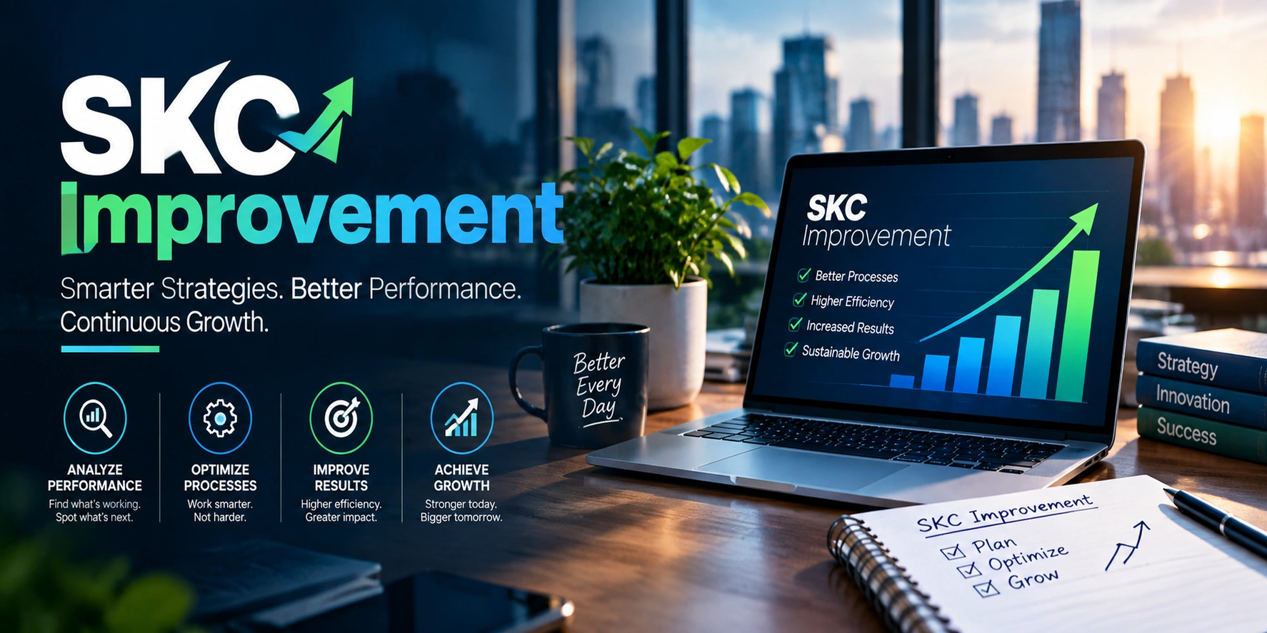 Colorful stacked blocks form a growth chart with an upward green arrow and a target on top labels read Identify Opportunities Optimize Processes Increase Efficiency Enhance Performance and Achieve Better Resultsalongside the slogan Small Changes Big Impact