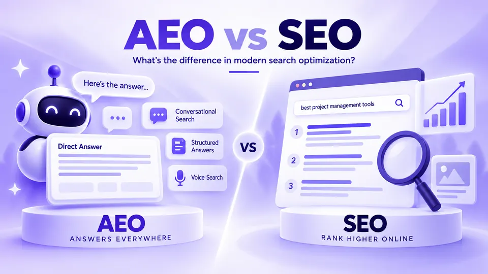 Graphic comparing AEO vs SEO in a purple themed scene a friendly robot left with AEO podium and the right side showing a search results mockup with a magnifying glass and charts